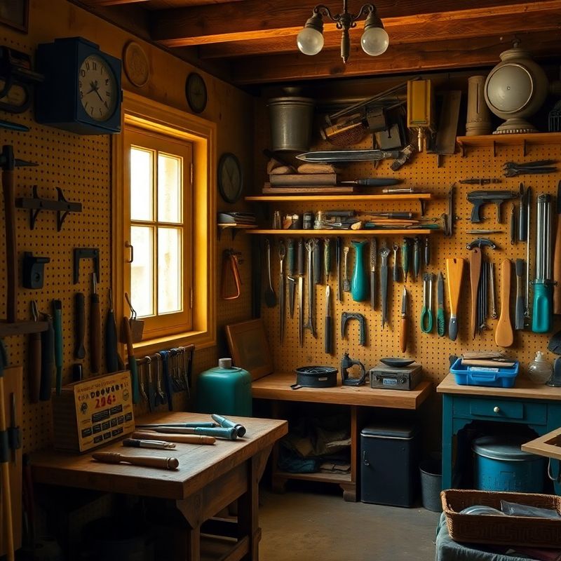Uklizená řemeslnická dílna s nářadím na pegboardu a teal detaily rukojetí