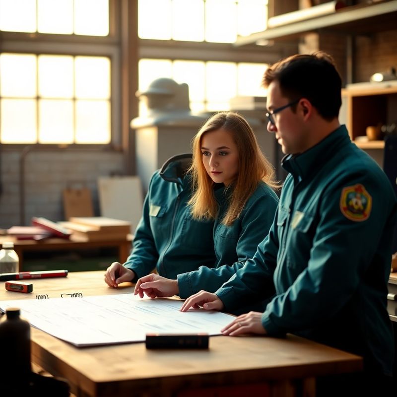 Dva odborníci v teal uniformách probírají plán zakázky u pracovního stolu