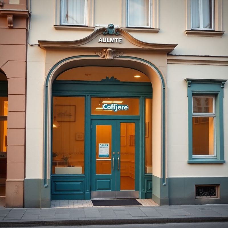 Vstup do kancelářské budovy v Plzni s teal detaily dveří a firemní cedulí